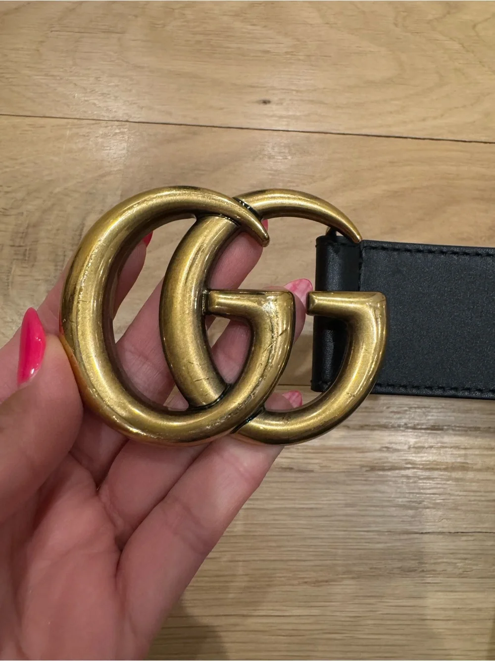 Gucci Black Leather Marmont Belt with Antique Gold Double GG Buckle